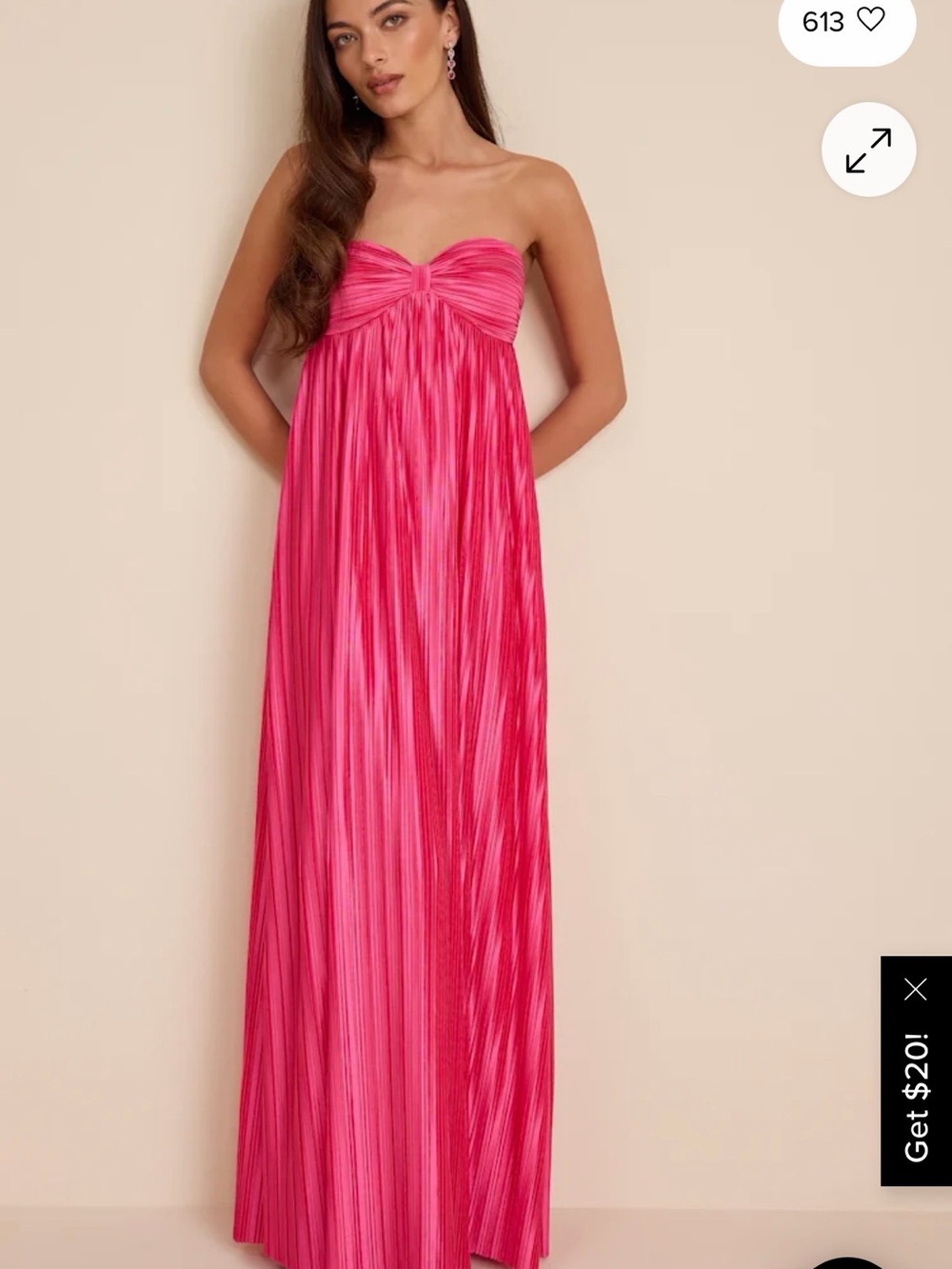 NWT Whimsical Beauty Hot Pink Satin Plisse Strapless Maxi Dress